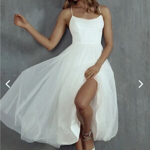 FLOATING BY PLEATED NECKLINE MESH MIDI DRESS WHITE